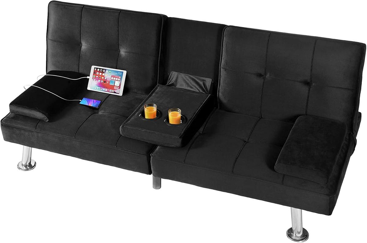 FUTON FLEXISPOT TERCIOPELO NEGRO CON USB — foto 1