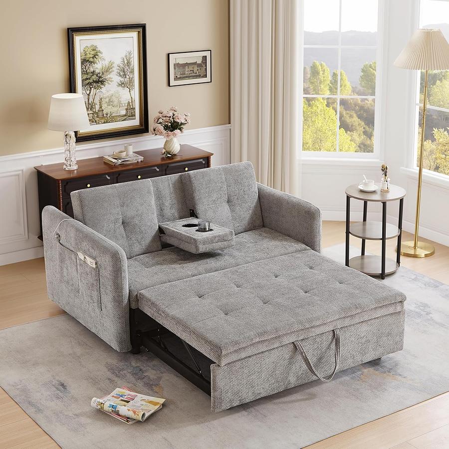 SOFA CAMA MATRIMONIAL GRIS CON PORTA VASOS — foto 1