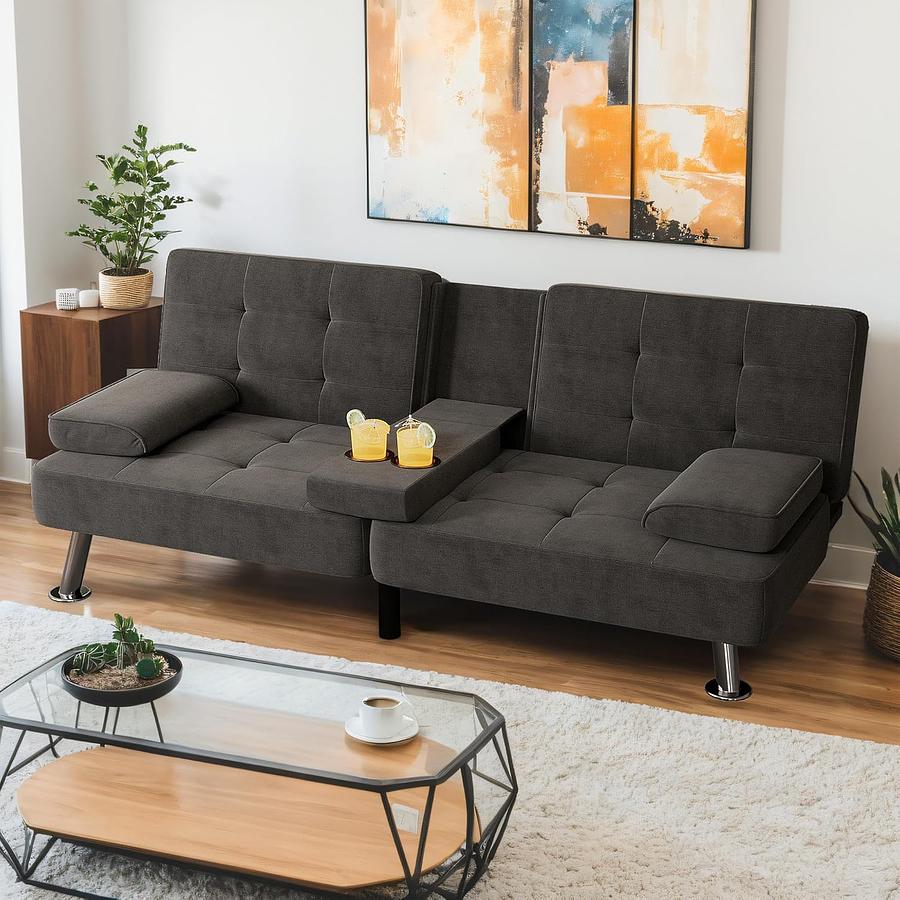 FUTON TELA DE LINO NEGRO CON PORTA VASOS — foto 1