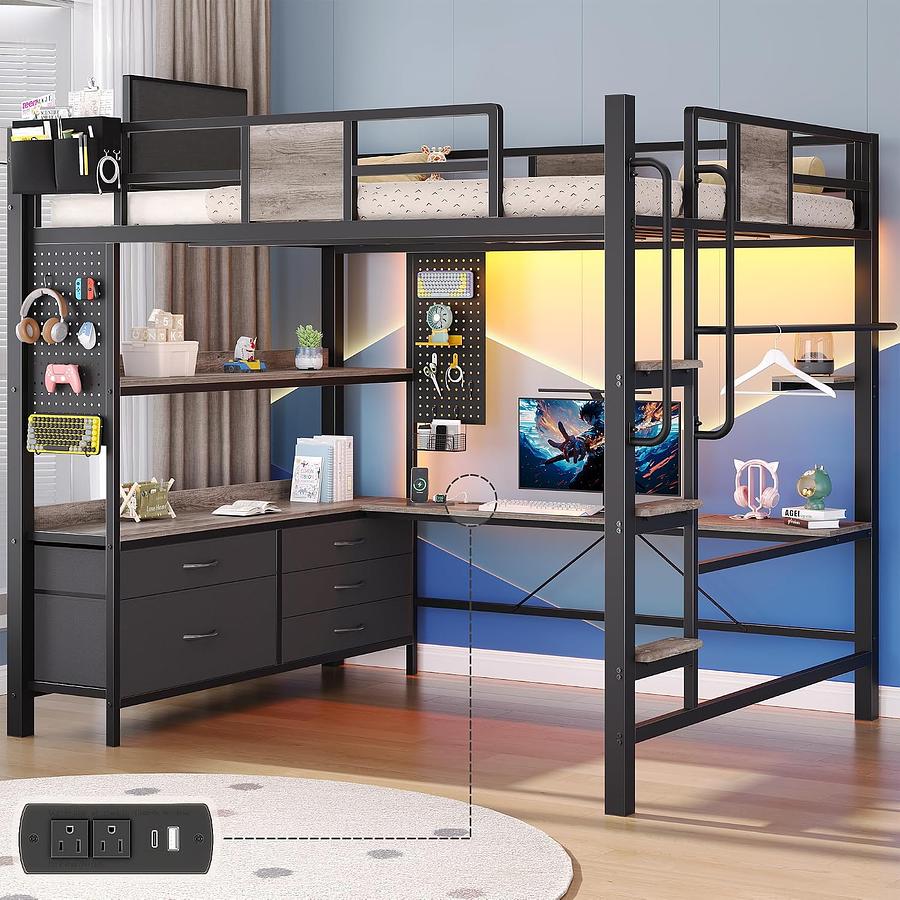 CAMA ALTA MATRIMONIAL CON 5 CAJONES, 2 GABINETES, LED, CARGADOR — foto 1
