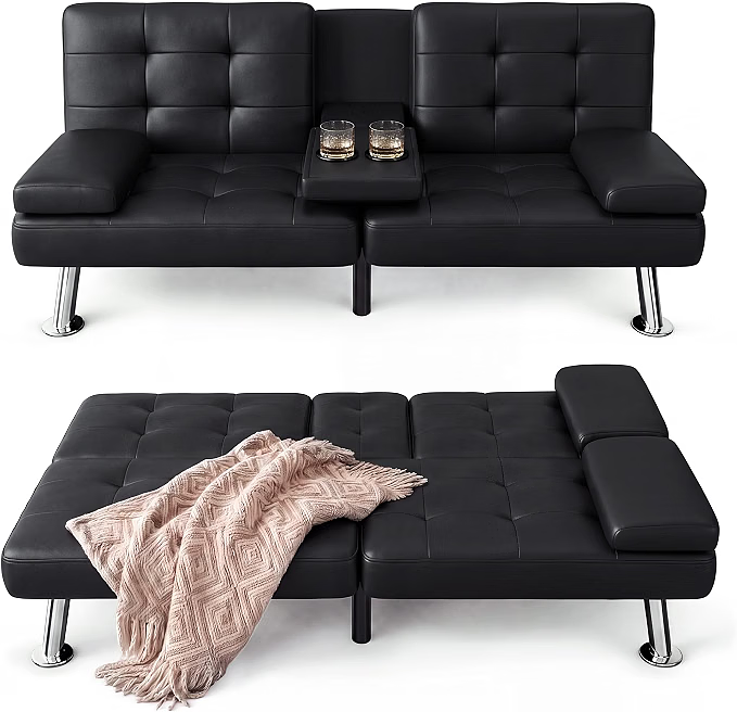 FUTON DE PIEL SINT. NEGRO CON PORTA VASOS — foto 1
