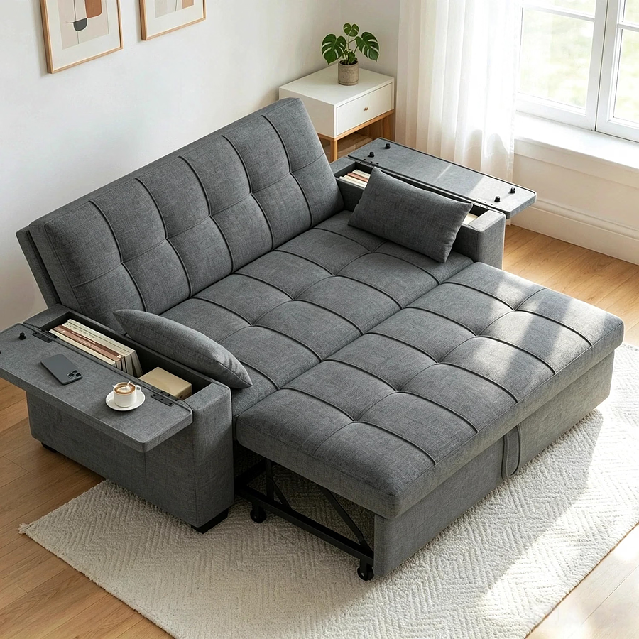 SOFA CAMA 63.6", TELA DE LINO GRIS OSCURO — foto 1