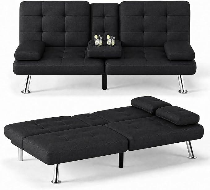 FUTON DE TELA DE LINO NEGRO CON PORTA VASOS — foto 1